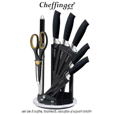 Cheffinger Home KS04 - set de 5 cuțite, foarfecă, ascuțitor și suport rotativ Cheffinger Home KS04 - set de 5 cuțite, foarfecă, ascuțitor și suport rotativ