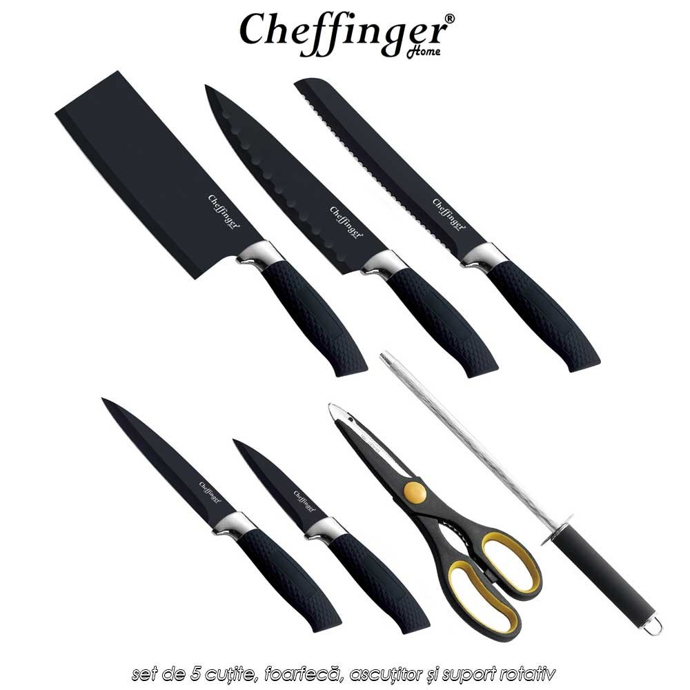 Cheffinger Home KS04 - set de 5 cuțite, foarfecă, ascuțitor și suport rotativ