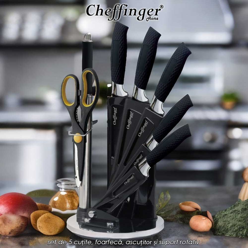 Cheffinger Home KS04 - set de 5 cuțite, foarfecă, ascuțitor și suport rotativ