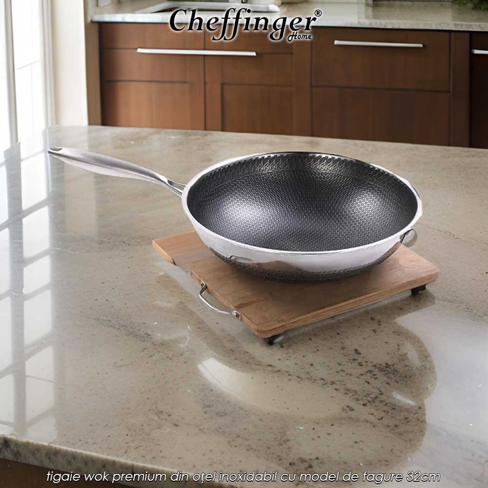 Cheffinger Home PW32N - tigaie wok premium din oțel inoxidabil cu model de fagure 32cm