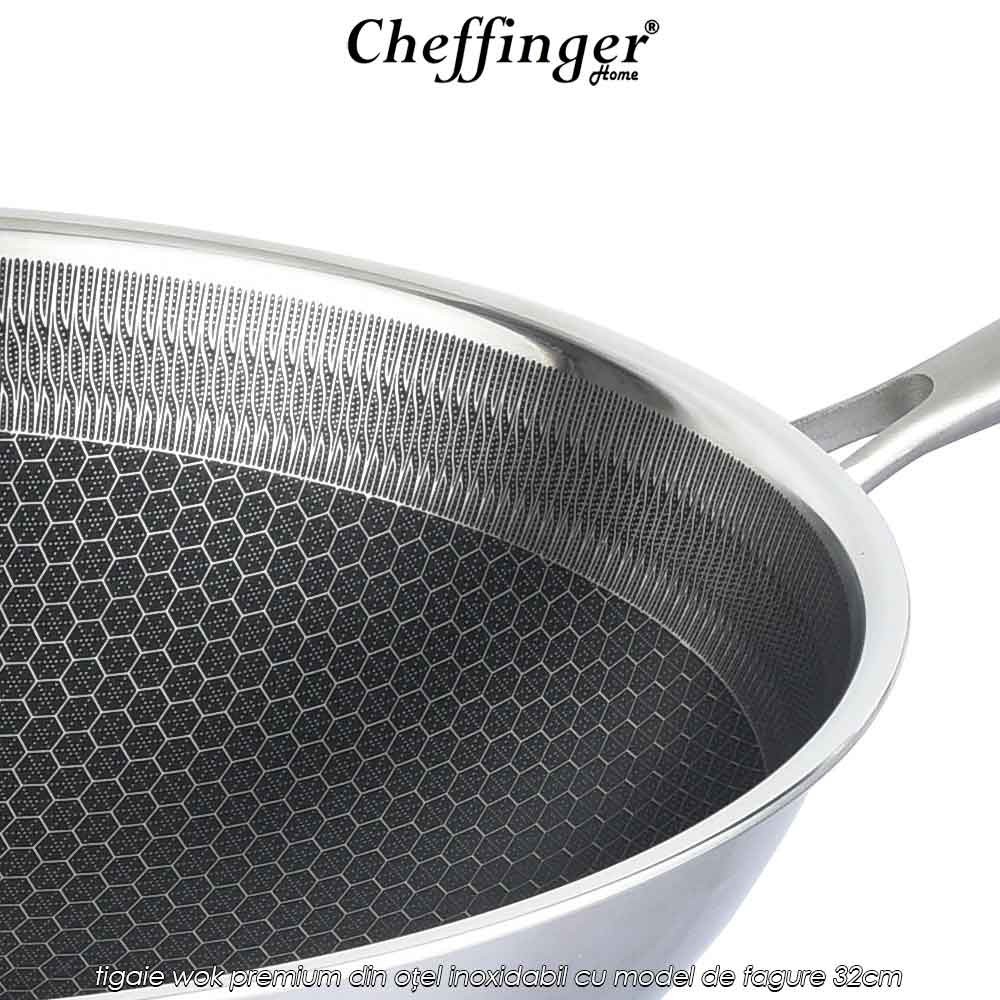 Cheffinger Home PW32N - tigaie wok premium din oțel inoxidabil cu model de fagure 32cm