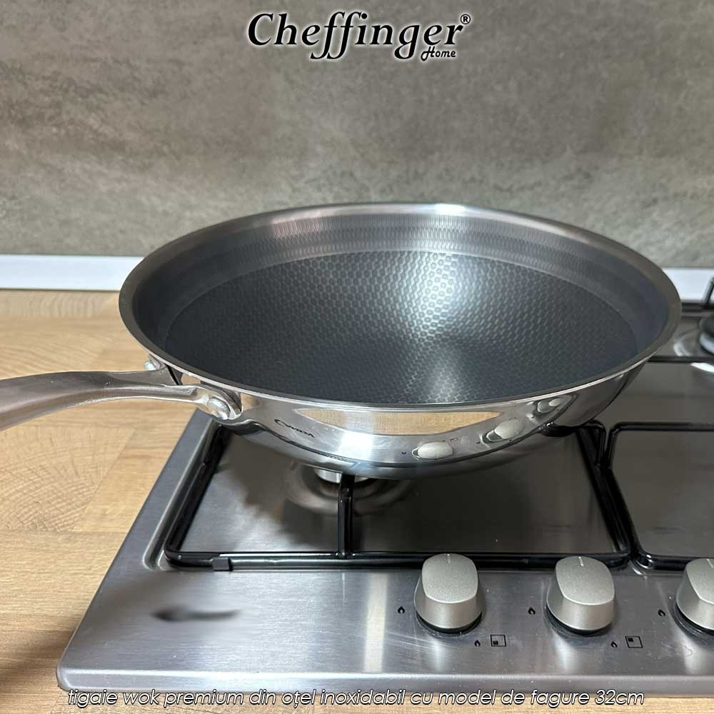 Cheffinger Home PW32N - tigaie wok premium din oțel inoxidabil cu model de fagure 32cm