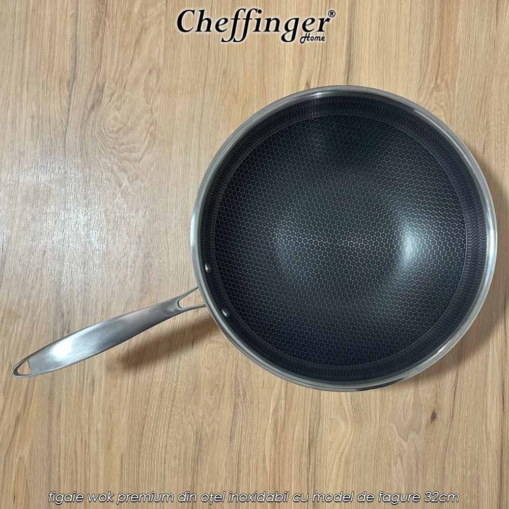Cheffinger Home PW32N - tigaie wok premium din oțel inoxidabil cu model de fagure 32cm