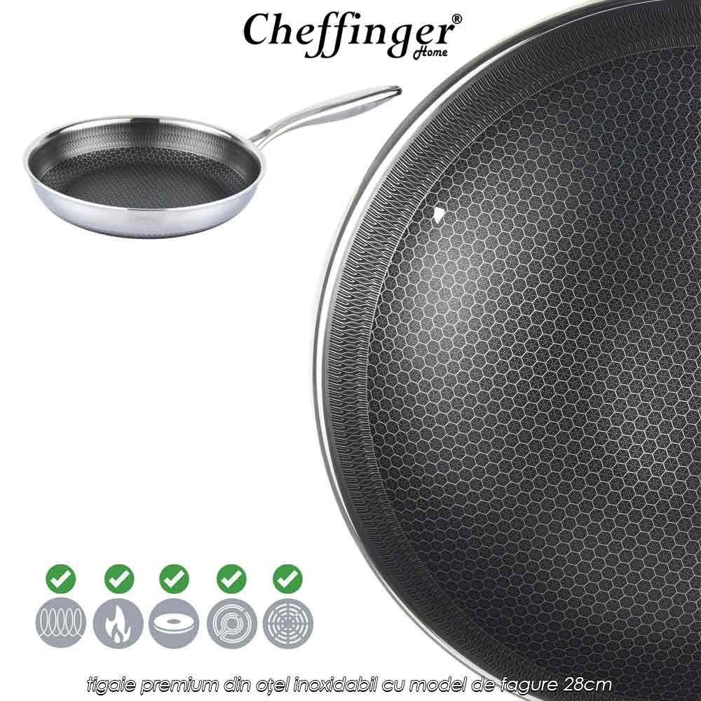 Cheffinger Home PFP28 - tigaie premium din oțel inoxidabil cu model de fagure 28cm
