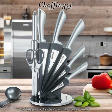 Cheffinger Home KS01 - set de 5 cuțite, foarfecă, ascuțitor și suport rotativ