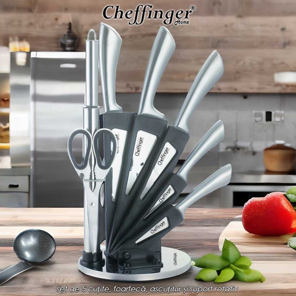 Cheffinger Home KS01 - set de 5 cuțite, foarfecă, ascuțitor și suport rotativ Cheffinger Home KS01 - set de 5 cuțite, foarfecă, ascuțitor și suport rotativ