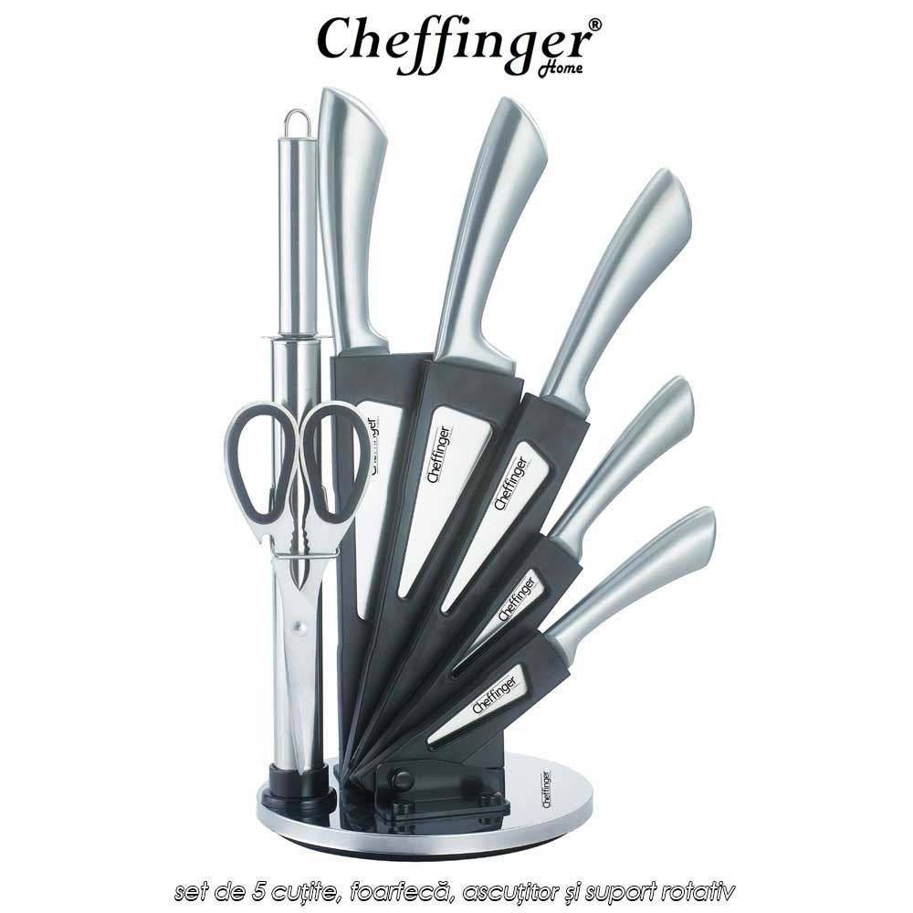 Cheffinger Home KS01 - set de 5 cuțite, foarfecă, ascuțitor și suport rotativ Cheffinger Home KS01 - set de 5 cuțite, foarfecă, ascuțitor și suport rotativ