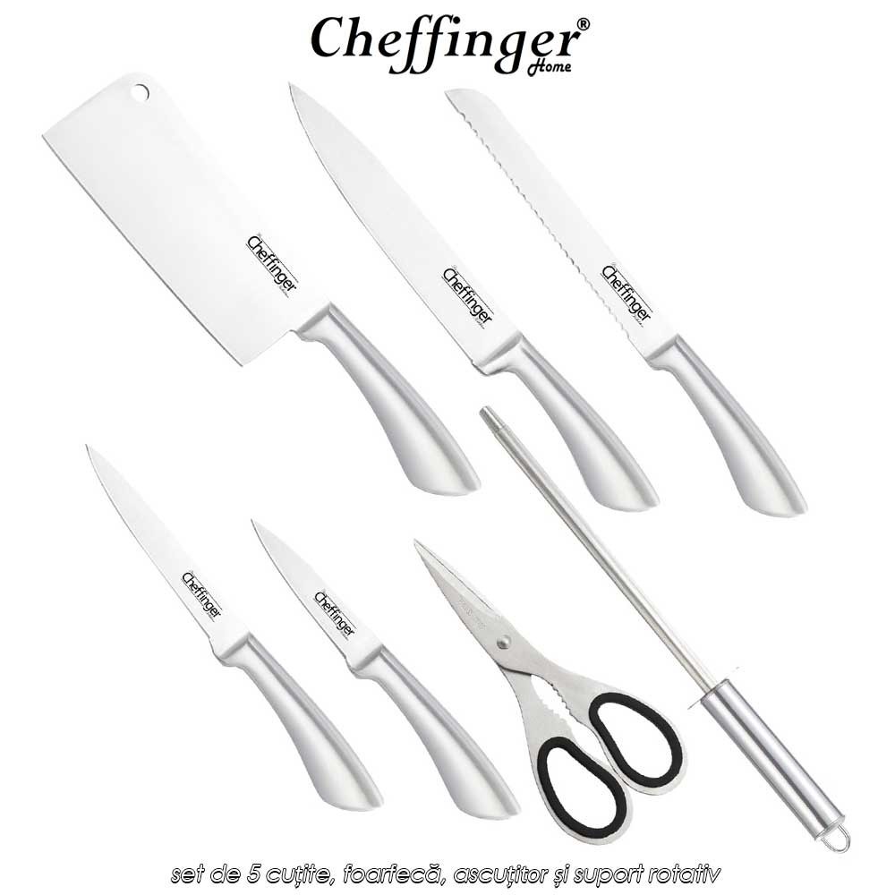 Cheffinger Home KS01 - set de 5 cuțite, foarfecă, ascuțitor și suport rotativ Cheffinger Home KS01 - set de 5 cuțite, foarfecă, ascuțitor și suport rotativ