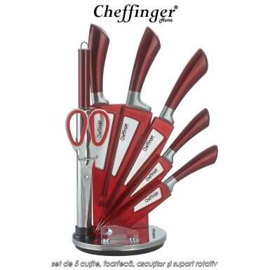 Cheffinger Home KS02 - set de 5 cuțite, foarfecă, ascuțitor și suport rotativ Cheffinger Home KS02 - set de 5 cuțite, foarfecă, ascuțitor și suport rotativ