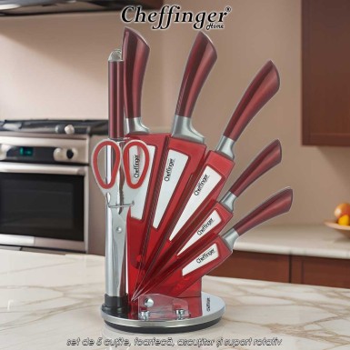 Cheffinger Home KS02 - set de 5 cuțite, foarfecă, ascuțitor și suport rotativ Cheffinger Home KS02 - set de 5 cuțite, foarfecă, ascuțitor și suport rotativ