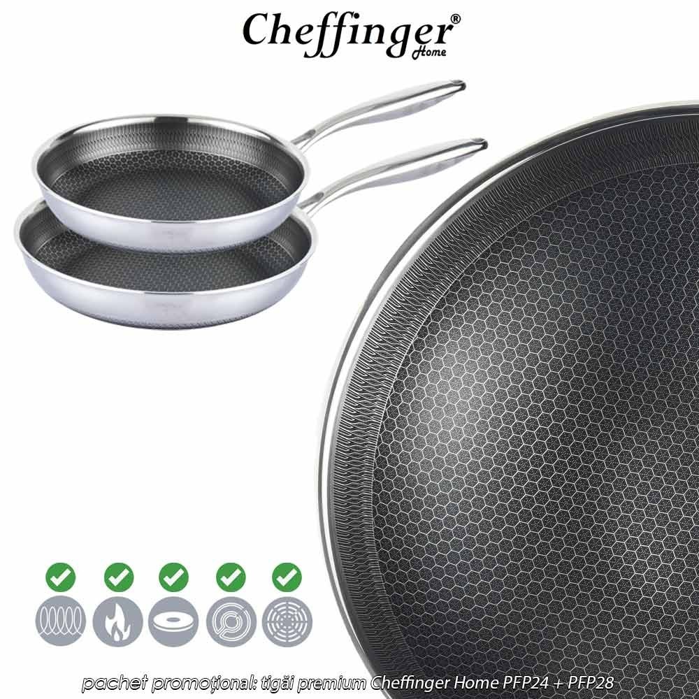 Pachet PROMO: 2 tigăi premium din oțel inoxidabil cu model de fagure Cheffinger Home Pachet PROMO: 2 tigăi premium din oțel inoxidabil cu model de fagure Cheffinger Home