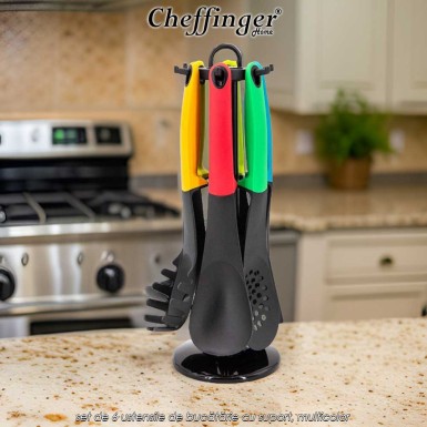 Cheffinger Home UT01 - set de 6 ustensile de bucătărie cu suport, multicolor