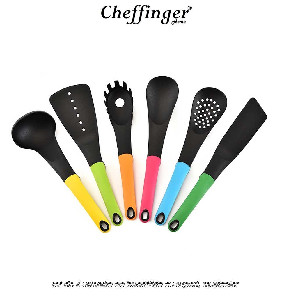Cheffinger Home UT01 - set de 6 ustensile de bucătărie cu suport, multicolor