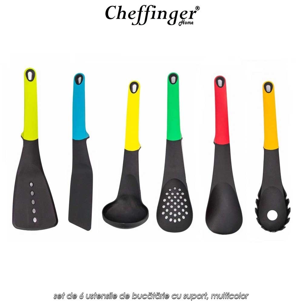 Cheffinger Home UT01 - set de 6 ustensile de bucătărie cu suport, multicolor