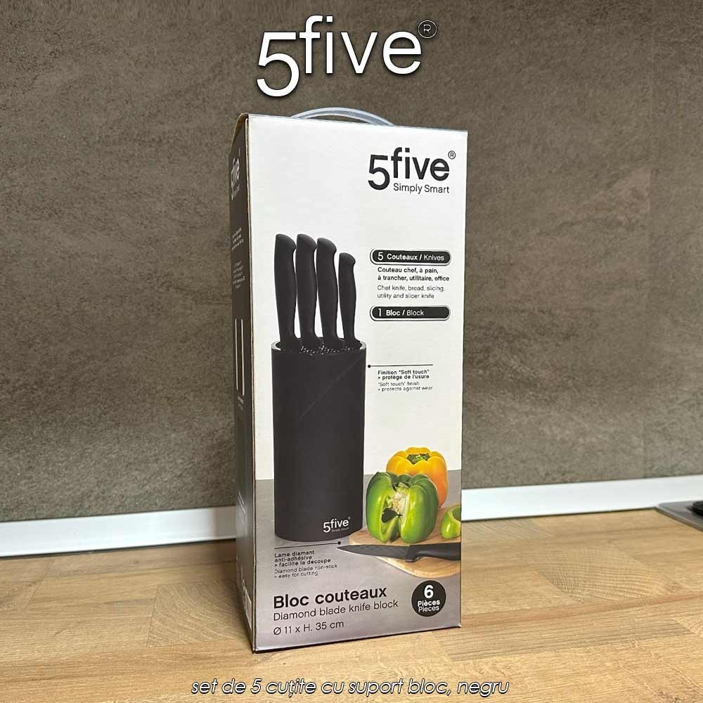 5Five Simply Smart - set de 5 cuțite cu suport bloc, negru