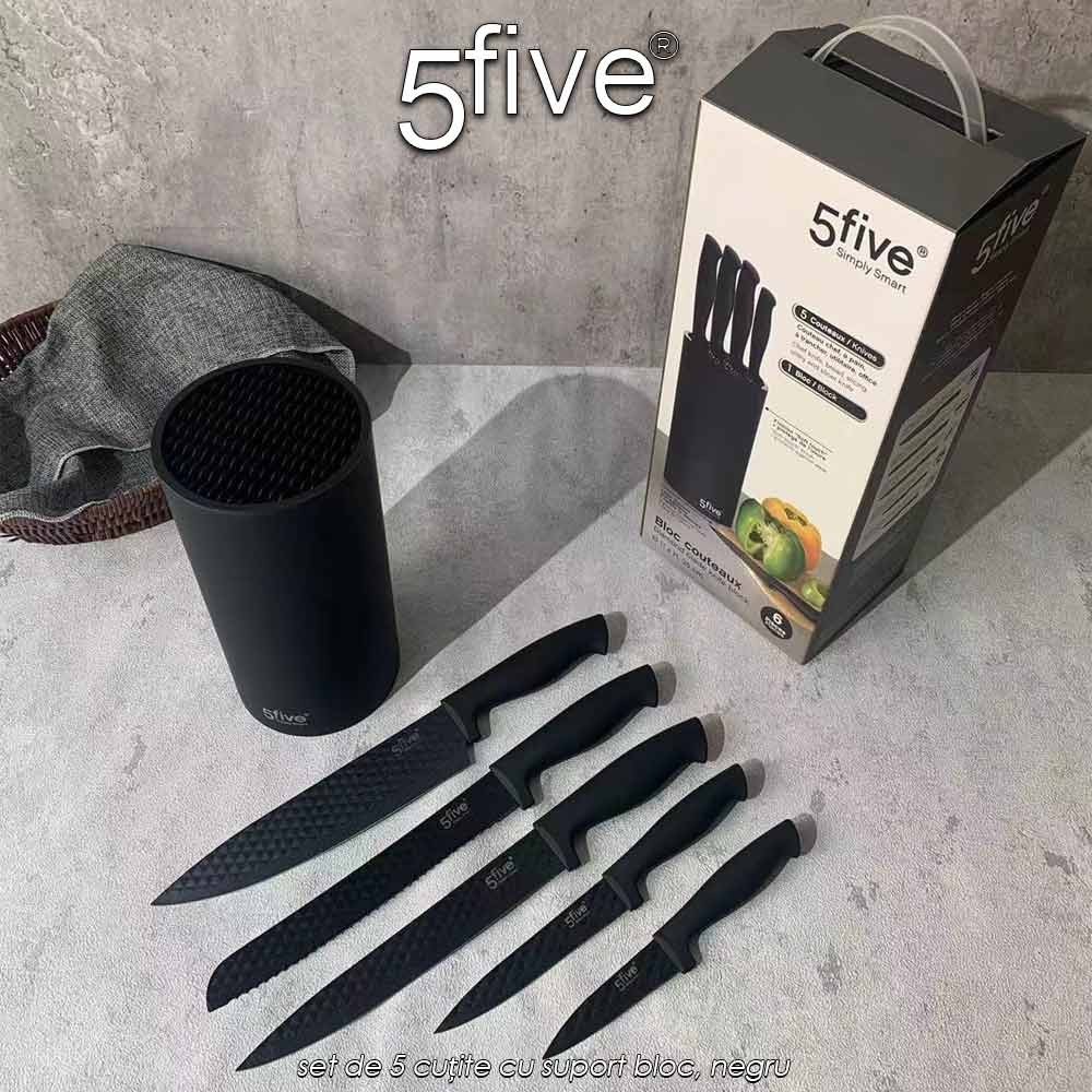 5Five Simply Smart - set de 5 cuțite cu suport bloc, negru