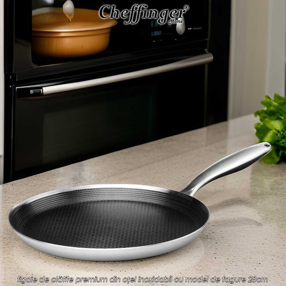 Cheffinger Home PSSP28 - tigaie de clătite premium din oțel inoxidabil cu model de fagure 28cm