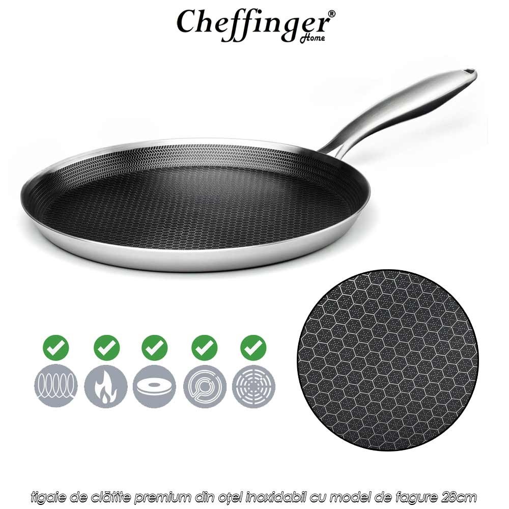 Cheffinger Home PSSP28 - tigaie de clătite premium din oțel inoxidabil cu model de fagure 28cm
