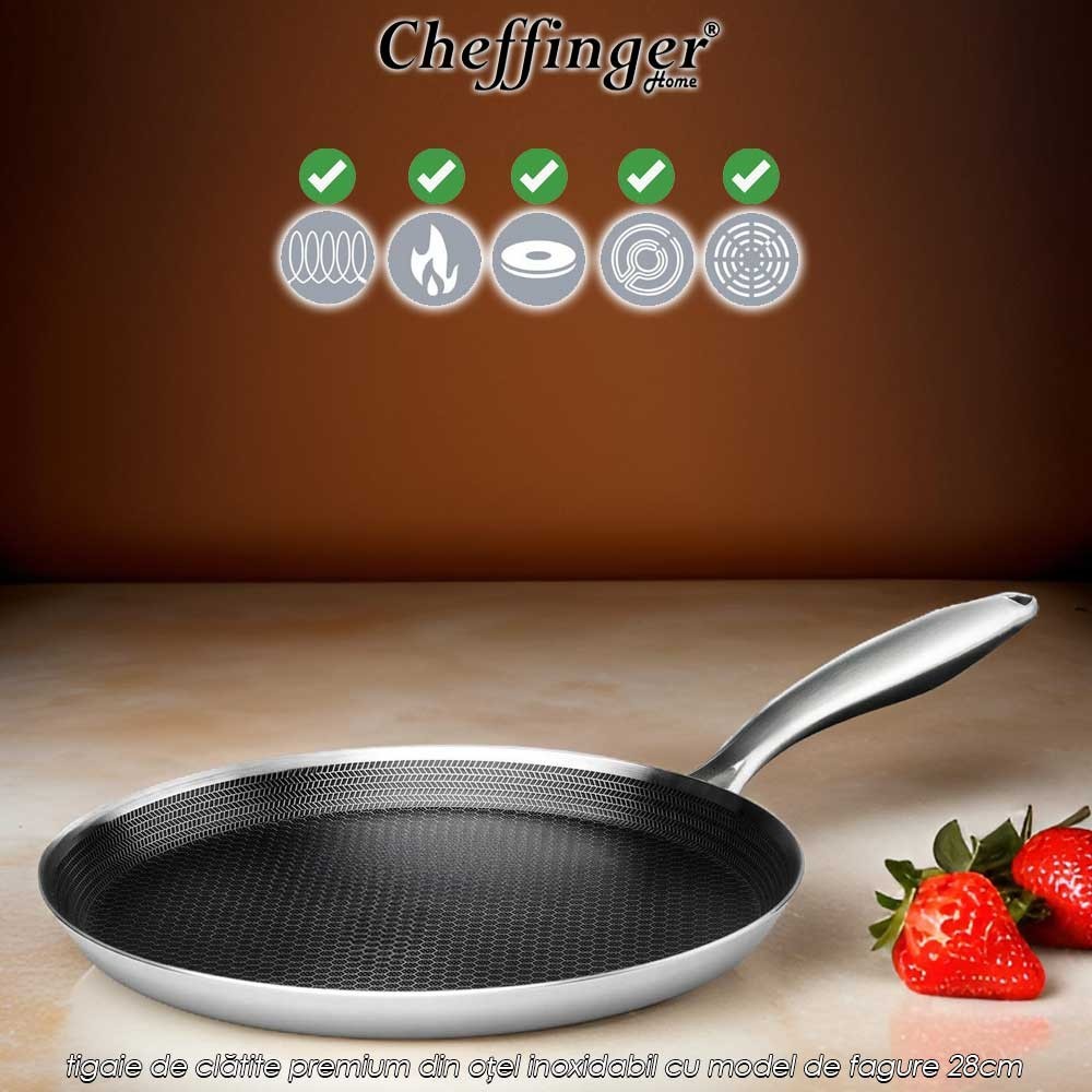 Cheffinger Home PSSP28 - tigaie de clătite premium din oțel inoxidabil cu model de fagure 28cm