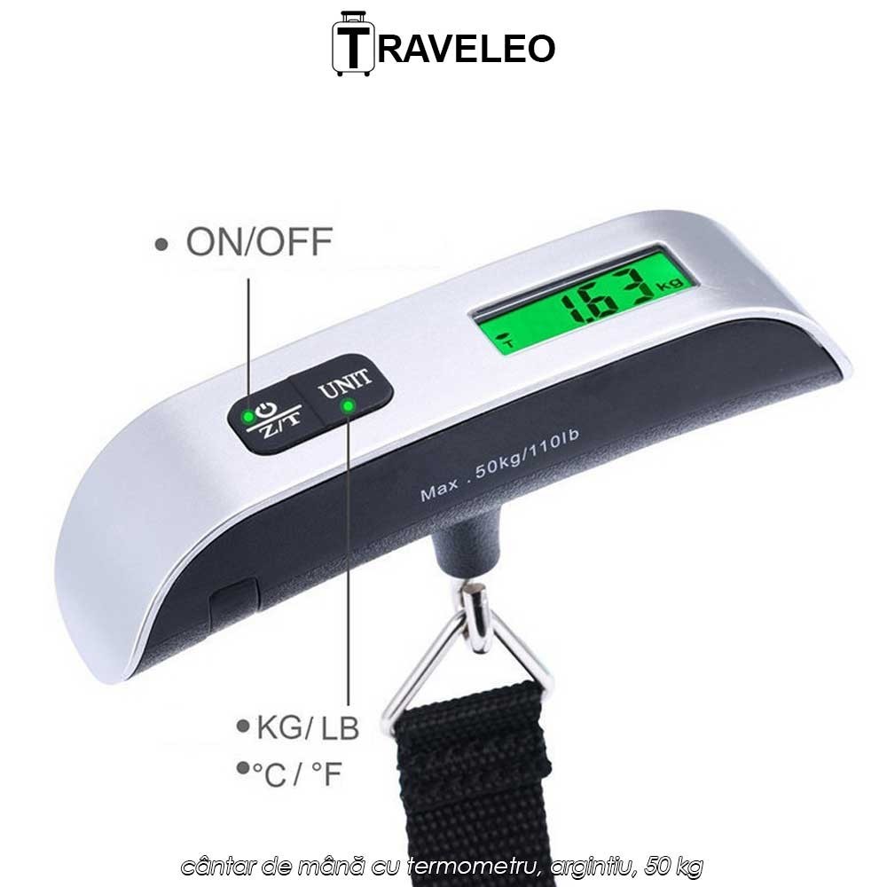 Traveleo WL01 - cântar de mână cu termometru, argintiu, 50 kg Traveleo WL01 - cântar de mână cu termometru, argintiu, 50 kg