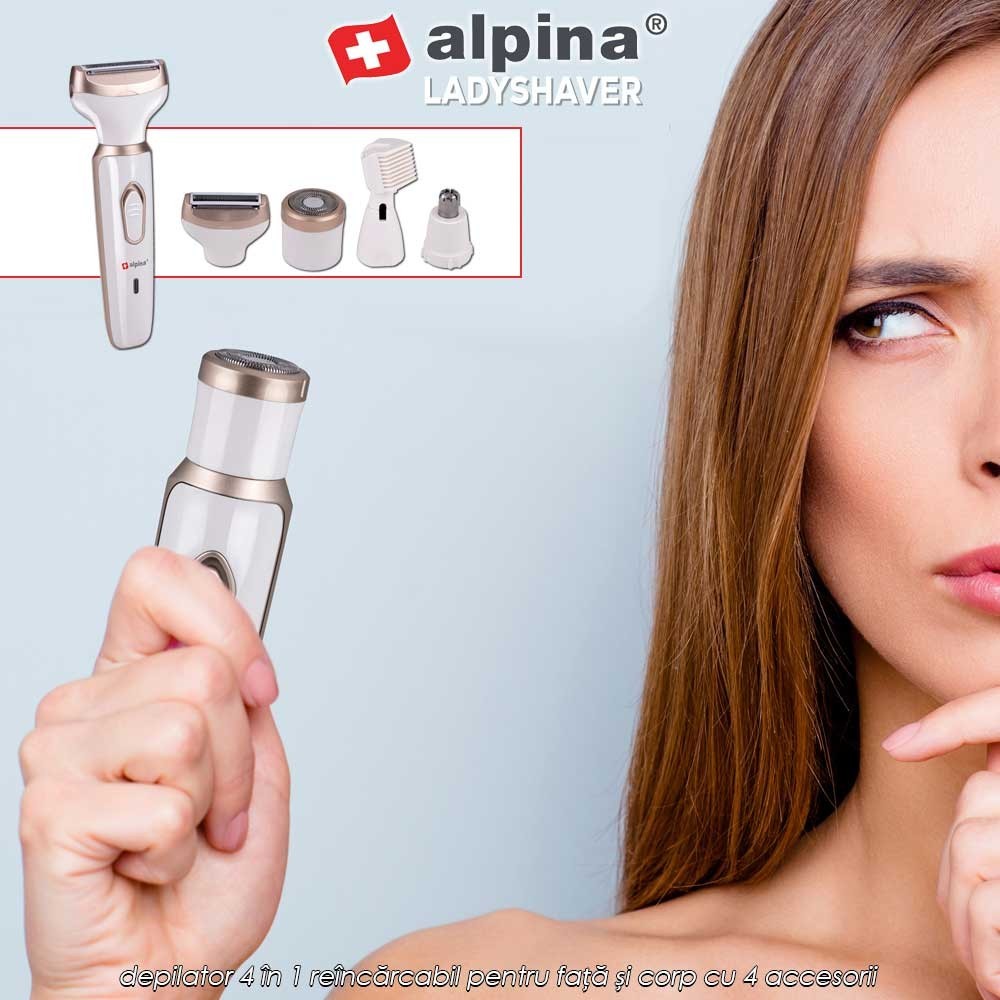 Alpina Ladyshaver - depilator 4 în 1 reîncărcabil pentru față și corp cu 4 accesorii