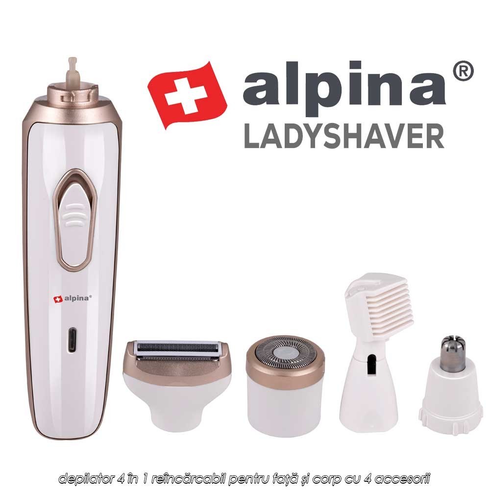 Alpina Ladyshaver - depilator 4 în 1 reîncărcabil pentru față și corp cu 4 accesorii