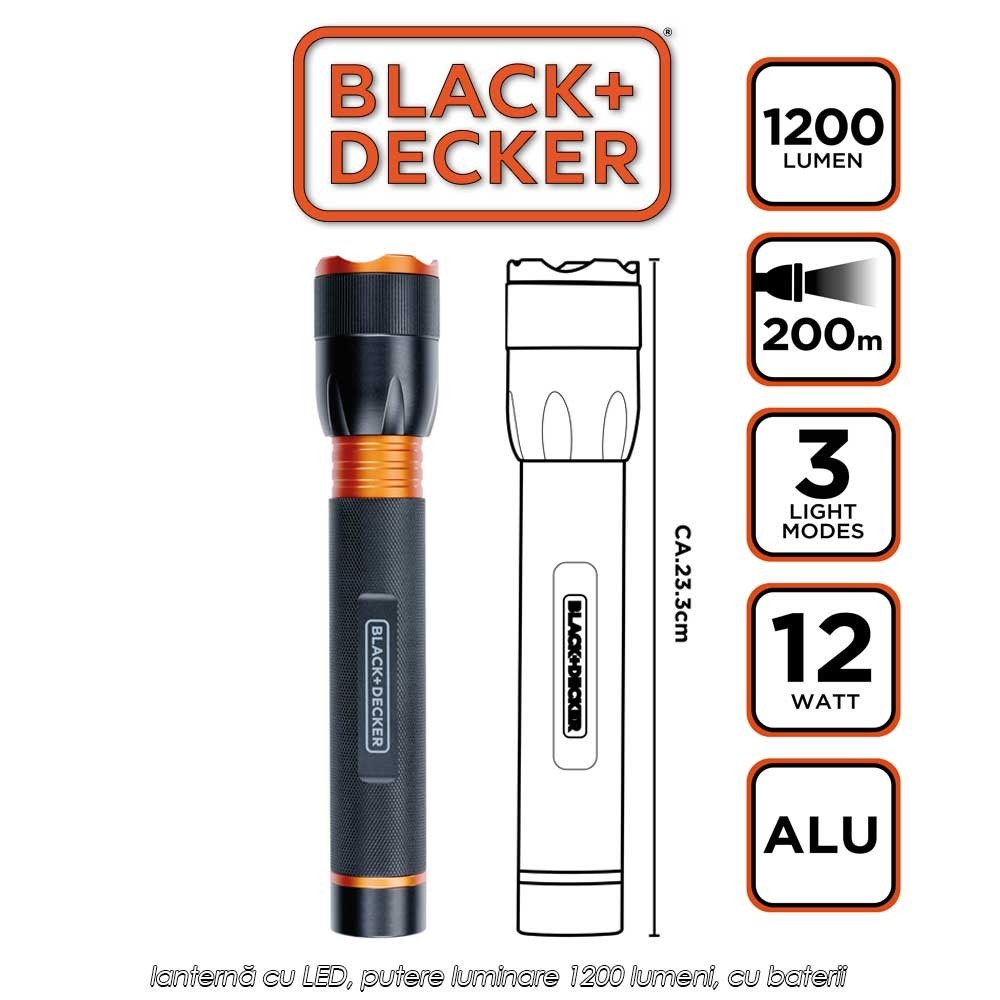 Black+Decker Torch 1200 - lanternă cu LED, putere luminare 1200 lumeni, cu baterii