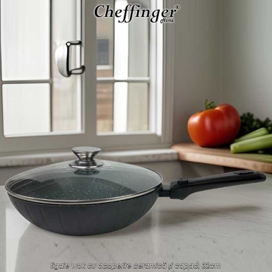 Cheffinger Home FWD32 - tigaie wok cu acoperire ceramică și capac, 32cm Cheffinger Home FWD32 - tigaie wok cu acoperire ceramică și capac, 32cm