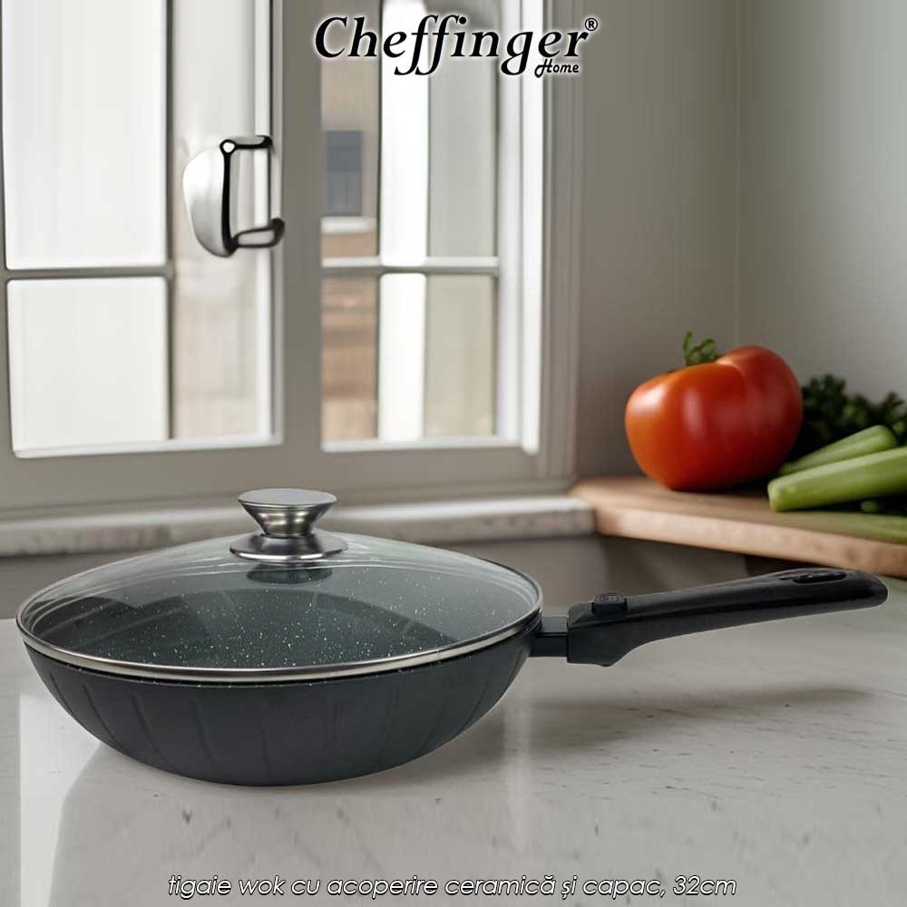 Cheffinger Home FWD32 - tigaie wok cu acoperire ceramică și capac, 32cm Cheffinger Home FWD32 - tigaie wok cu acoperire ceramică și capac, 32cm