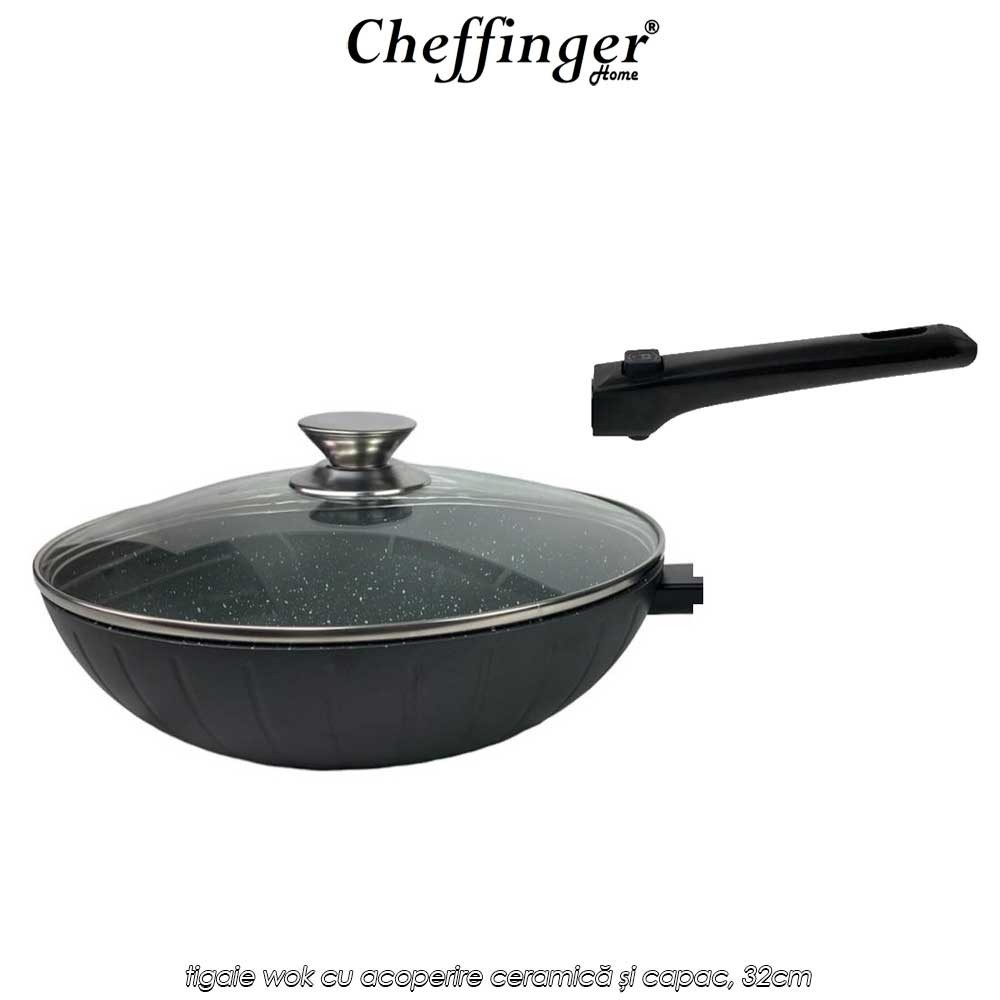 Cheffinger Home FWD32 - tigaie wok cu acoperire ceramică și capac, 32cm Cheffinger Home FWD32 - tigaie wok cu acoperire ceramică și capac, 32cm