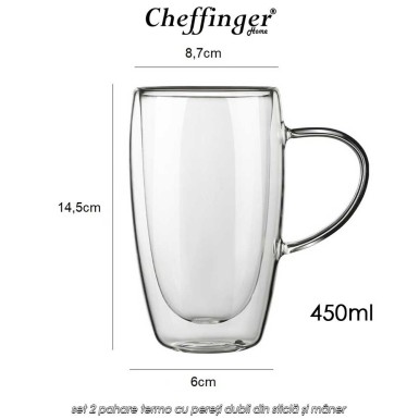 Cheffinger Home G17 - set 2 pahare termo cu pereți dubli din sticlă și mâner Cheffinger Home G17 - set 2 pahare termo cu pereți dubli din sticlă și mâner