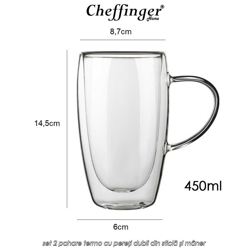 Cheffinger Home G17 - set 2 pahare termo cu pereți dubli din sticlă și mâner