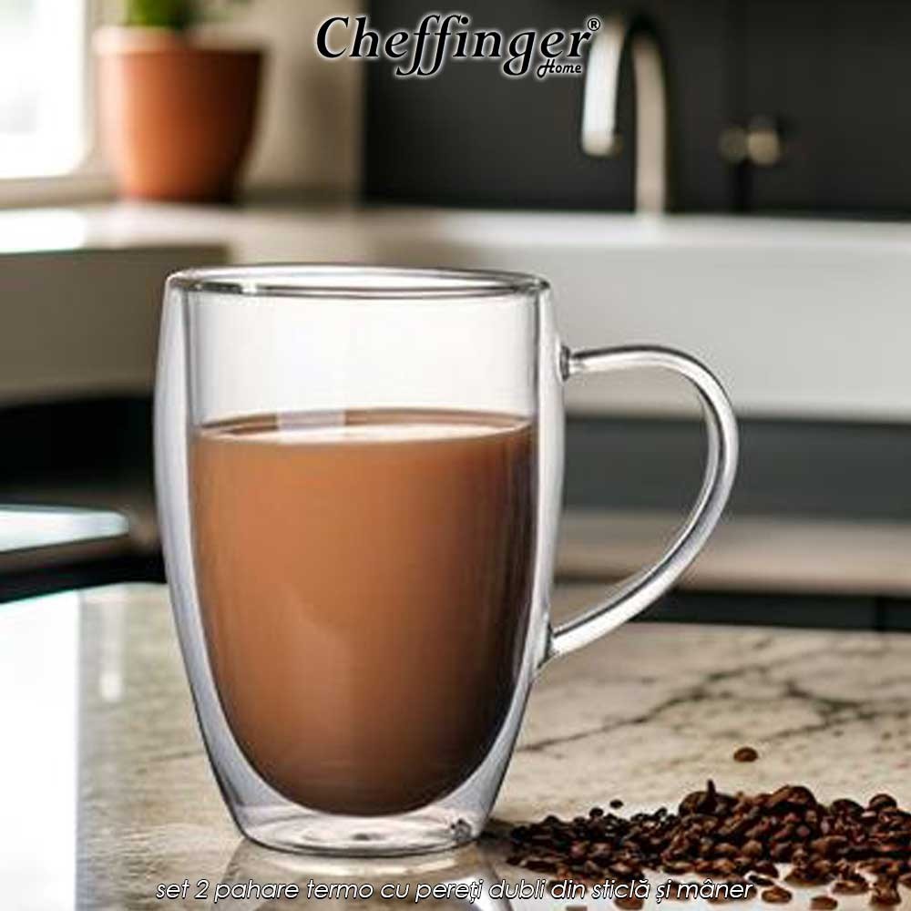 Cheffinger Home G17 - set 2 pahare termo cu pereți dubli din sticlă și mâner