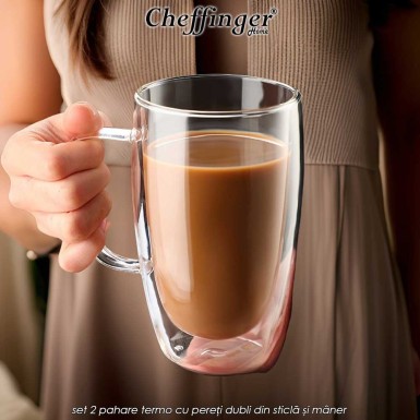 Cheffinger Home G17 - set 2 pahare termo cu pereți dubli din sticlă și mâner Cheffinger Home G17 - set 2 pahare termo cu pereți dubli din sticlă și mâner