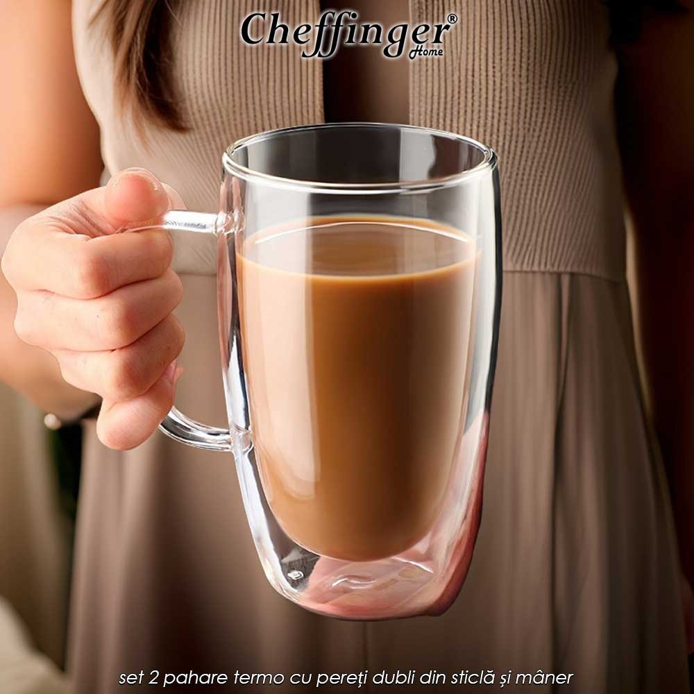 Cheffinger Home G17 - set 2 pahare termo cu pereți dubli din sticlă și mâner