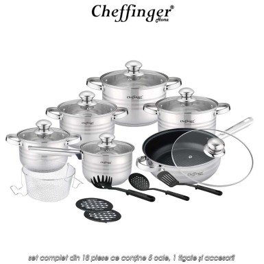 Cheffinger Home 1830M - set complet din 18 piese ce conține 5 oale, 1 tigaie și accesorii Cheffinger Home 1830M - set complet din 18 piese ce conține 5 oale, 1 tigaie și accesorii