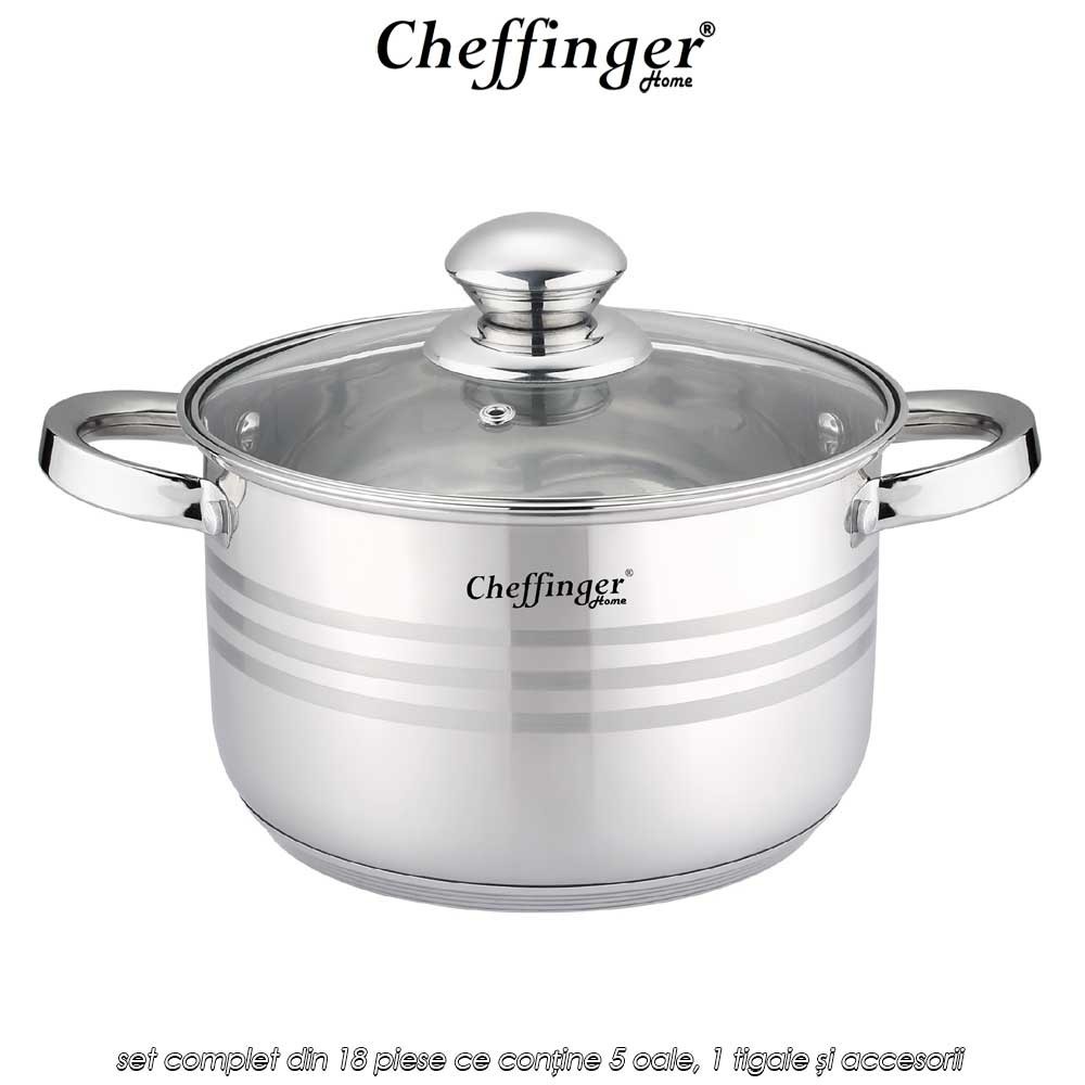 🍲Cheffinger Home 1830M | preț 429lei - transport Gratuit | set 18 piese ce conține 5 oale, 1 tigaie și accesorii | Telestar