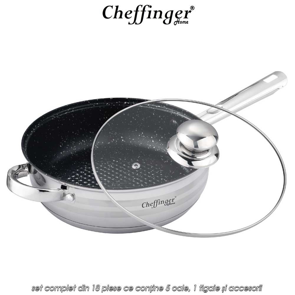 🍲Cheffinger Home 1830M | preț 429lei - transport Gratuit | set 18 piese ce conține 5 oale, 1 tigaie și accesorii | Telestar