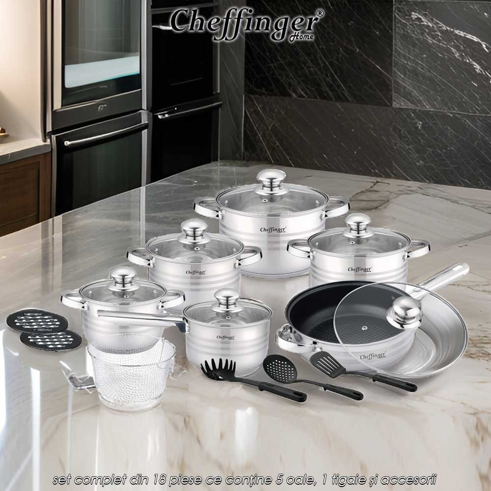 Cheffinger Home 1830M - set complet din 18 piese ce conține 5 oale, 1 tigaie și accesorii