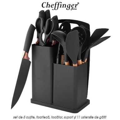 Cheffinger Home KSUT01 - set de 5 cuțite, foarfecă, tocător, suport și 11 ustensile de gătit Cheffinger Home KSUT01 - set de 5 cuțite, foarfecă, tocător, suport și 11 ustensile de gătit
