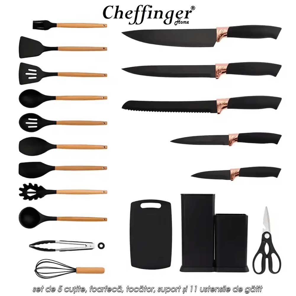 Cheffinger Home KSUT01 - set de 5 cuțite, foarfecă, tocător, suport și 11 ustensile de gătit