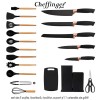 Cheffinger Home KSUT01 - set de 5 cuțite, foarfecă, tocător, suport și 11 ustensile de gătit