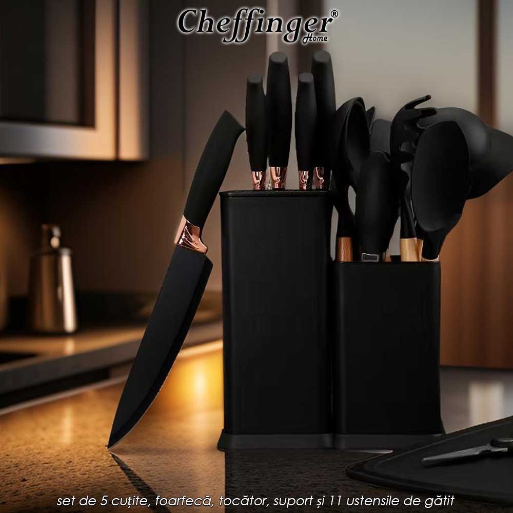 Cheffinger Home KSUT01 - set de 5 cuțite, foarfecă, tocător, suport și 11 ustensile de gătit