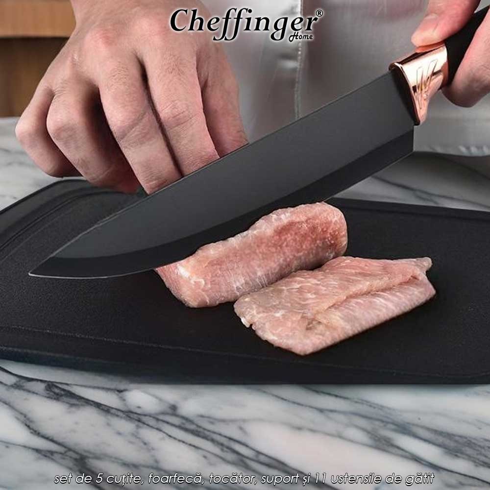Cheffinger Home KSUT01 - set de 5 cuțite, foarfecă, tocător, suport și 11 ustensile de gătit