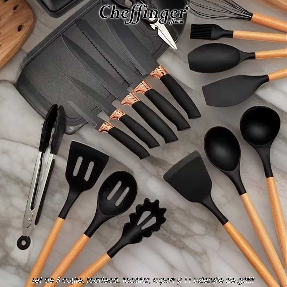 Cheffinger Home KSUT01 - set de 5 cuțite, foarfecă, tocător, suport și 11 ustensile de gătit
