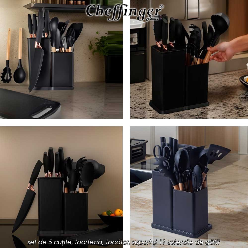 Cheffinger Home KSUT01 - set de 5 cuțite, foarfecă, tocător, suport și 11 ustensile de gătit