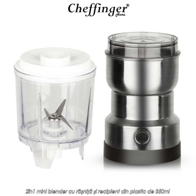 Cheffinger Home CGB300 - 2în1 mini blender cu râșniță și recipient din plastic de 350ml Cheffinger Home CGB300 - 2în1 mini blender cu râșniță și recipient din plastic de 350ml
