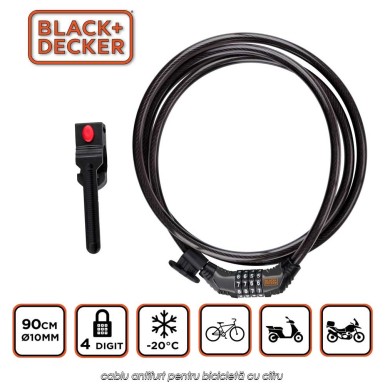Black+Decker Bike Combination Lock - cablu antifurt pentru bicicletă cu cifru Black+Decker Bike Combination Lock - cablu antifurt pentru bicicletă cu cifru
