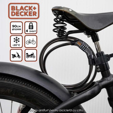 Black+Decker Bike Combination Lock - cablu antifurt pentru bicicletă cu cifru Black+Decker Bike Combination Lock - cablu antifurt pentru bicicletă cu cifru