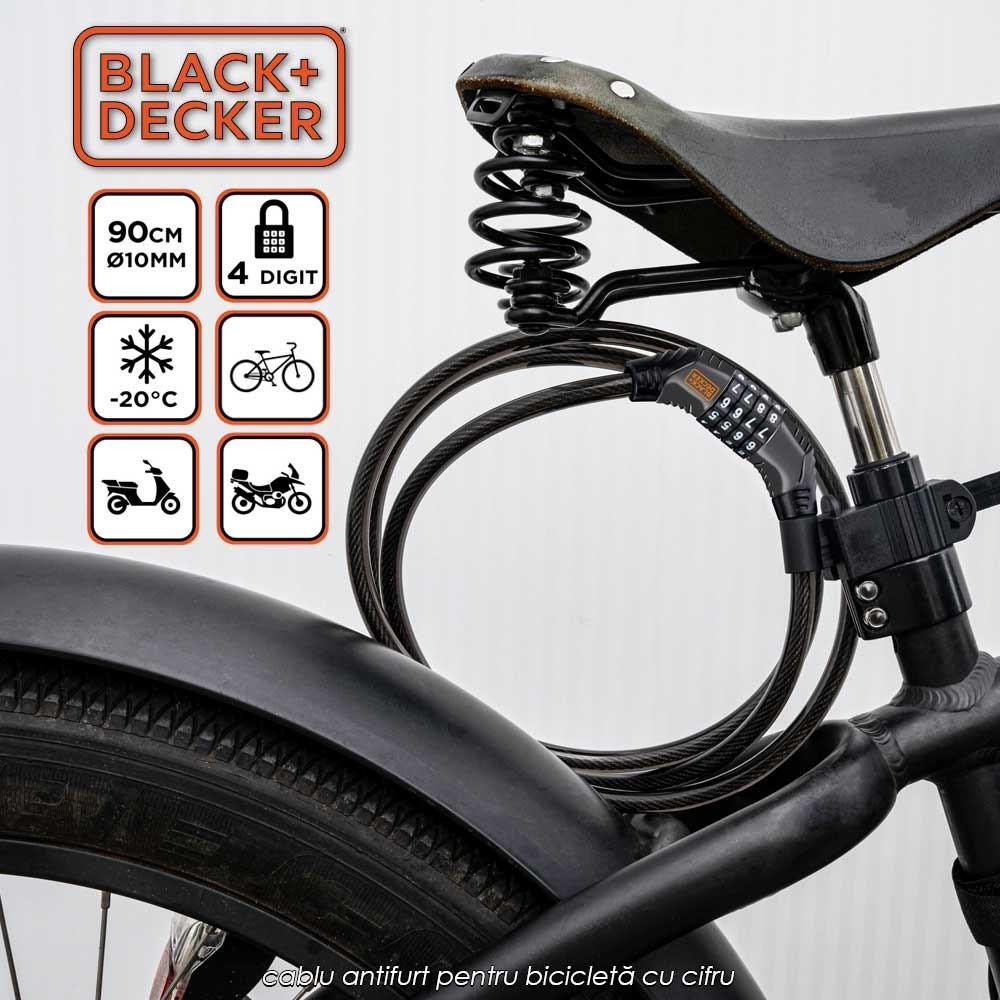 Black+Decker Bike Combination Lock - cablu antifurt pentru bicicletă cu cifru Black+Decker Bike Combination Lock - cablu antifurt pentru bicicletă cu cifru